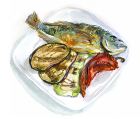 Watercolor food. Fried fish with vegetables on a plate