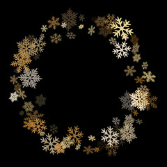 Fototapeta na wymiar Winter snowflakes border cool vector background. Macro snowflakes flying border design, holiday card with crystal flakes confetti scatter frame, snow elements. Cold weather winter symbols.