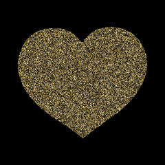 Gold sparkles glitter dust metallic confetti heart vector background.