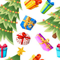 Seamless pattern. Decorated christmas tree with gift boxes, star, lights, decoration balls. Merry Christmas and happy new year. Green spruce, evergreen. Flat vector illustration on white background