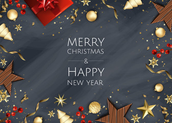 Fototapeta na wymiar Merry Christmas and Happy New Year. Xmas background with gift box, Snowflakes and balls design.