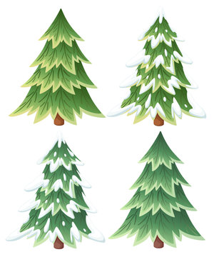 Collection of green spruce trees. Evergreen flat style. Christmas tree in the snow. Vector illustration isolated on white background
