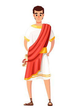 Roman senator or citizen. Cartoon character design. SPQR, man with scrolls. Flat vector illustration on white background