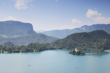 Bled Castle. Top view of the lake Bled and the castle. Popular tourist destination. Travel to Slovenia