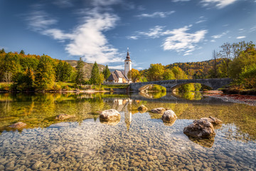 Church and bridge at Lake Bohinj, Slovenia - 236867391
