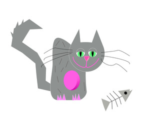 Happy gray cat with fish bone