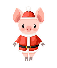 Cute pig in Christmas santa costume. Cartoon character design. Pink animal mascot. Flat vector illustration isolated on white background