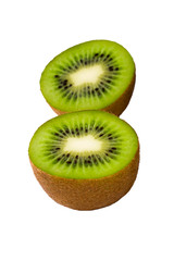 Cut kiwi fruit. Two halves of ripe fruit. Exotic Chinese fruit. Isolated on white background. Vertical.