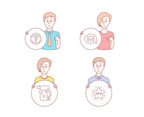 People set of Messenger, Headhunter and Manual doc icons. New star sign. New message, Aim with question mark, Project info. Shopping. Character hold circle button. Vector