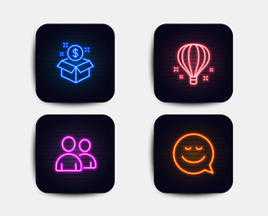 Neon set of Air balloon, Post package and Users icons. Smile sign. Sky travelling, Postbox, Couple of people. Chat emotion. Neon icons. Glowing light banners. Vector