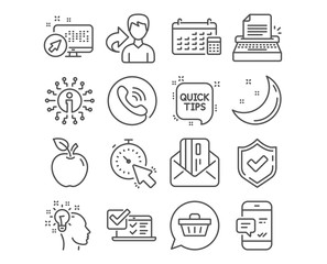 Set of Idea, Quick tips and Typewriter icons. Credit card, Timer and Online survey signs. Smartphone notification, Calendar and Shopping cart symbols. Creative designer, Helpful tricks, Writer machine