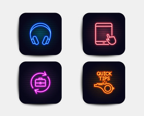 Neon set of Headphones, Human resources and Tablet pc icons. Tutorials sign. Music listening device, Job recruitment, Touchscreen gadget. Quick tips. Neon icons. Glowing light banners