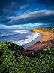 Overview of Bells Beach, near Torquay on the Great Ocean Road, Victoria, Australia, site of the annual Rip Curl Pro surfing contest, held each Easter.