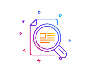 Check article line icon. Ð¡opyright sign. Magnifying glass symbol. Gradient line button. Check article icon design. Colorful geometric shapes. Vector