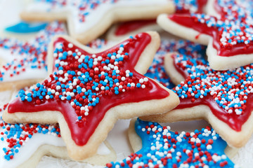 Star sugar cookies decorated for 4th of July Independence day celebration in America. Icing and...