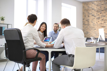 Office employees having meeting in conference room. Finance trading