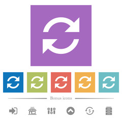 Refresh arrows flat white icons in square backgrounds