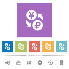 Yen Ruble money exchange flat white icons in square backgrounds