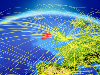Ireland on planet Earth with international network representing communication, travel and connections.