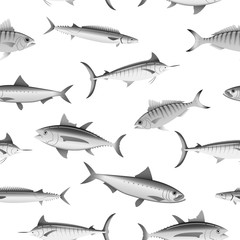 Various fish in black and white seamless pattern