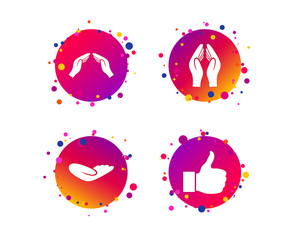 Hand icons. Like thumb up symbol. Insurance protection sign. Human helping donation hand. Prayer hands. Gradient circle buttons with icons. Random dots design. Vector