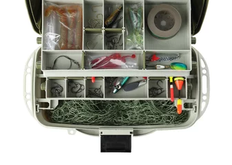 Foto op Canvas Box with fishing tackle on white background, top view © New Africa