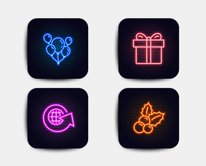 Neon set of Gift box, Balloons and World globe icons. Christmas holly sign. Present package, Air balloons, Around the world. Ilex aquifolium. Neon icons. Glowing light banners. Vector