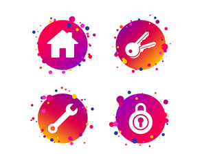 Home key icon. Wrench service tool symbol. Locker sign. Main page web navigation. Gradient circle buttons with icons. Random dots design. Vector