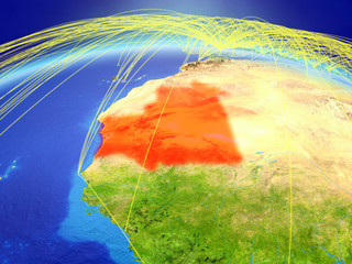 Mauritania on planet Earth with international network representing communication, travel and connections.