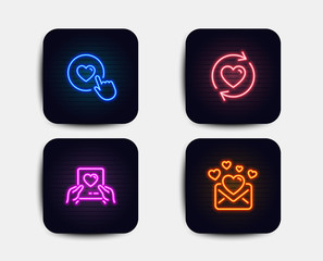 Neon glow lights. Set of Love mail, Update relationships and Like button icons. Love mail sign. Valentine letter, Valentines letter.  Neon icons. Glowing light banners. Vector