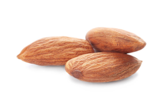 Organic almond nuts on white background. Healthy snack