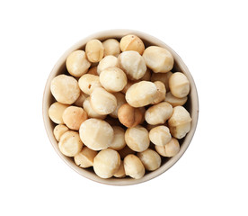 Bowl with shelled organic Macadamia nuts on white background, top view
