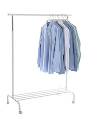 Wardrobe rack with men clothes on white background