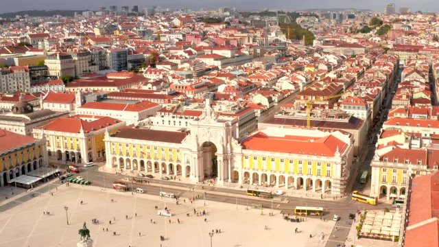 Aerial view of the famous Praca do Comercio (Commerce Square) - one of the main landmarks in Lisbon . Beautiful Portuguese architecture