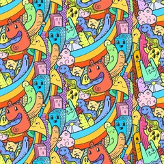 Fotobehang Funny doodle monsters seamless pattern for prints, designs and coloring books © Drekhann