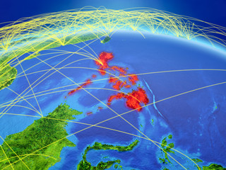 Philippines on planet Earth with international network representing communication, travel and connections.