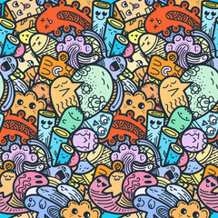 Funny doodle monsters seamless pattern for prints, designs and coloring books