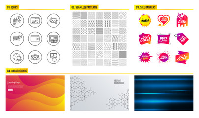 Seamless pattern. Shopping sale banners. Set of Group, Alarm bell and Startup icons. Refresh mail, Atm and Browser window signs. Money wallet, Cashback and Payment click symbols. Vector