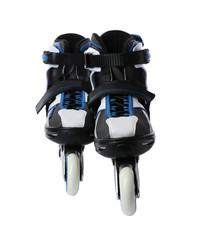 Pair of inline roller skates on white background