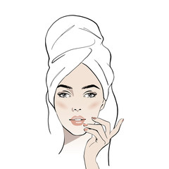 Beautiful young woman face with white towel on her head. Hand drawn beautiful woman portrait. Fashion woman with bath towel on her head. Sketch. Vector illustration. Spa beauty concept - 236883303