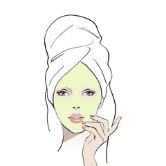 A woman wears a facial mask with a towel on her head, vector illustration for instructions. Fashion, style, beauty. Graphic, sketch drawing. Stock Vector illustration