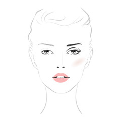 Beautiful woman face with nude make-up hand drawn vector illustration. Stylish original graphics portrait with beautiful young attractive girl model. Fashion, style, beauty. Graphic, sketch drawing.