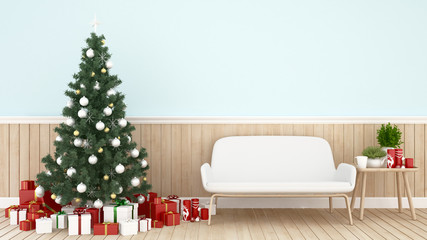 Christmas tree and gift box in living room on light blue wall decoarate -  Room artwork for Christmas day or happy new year- 3D Illustration