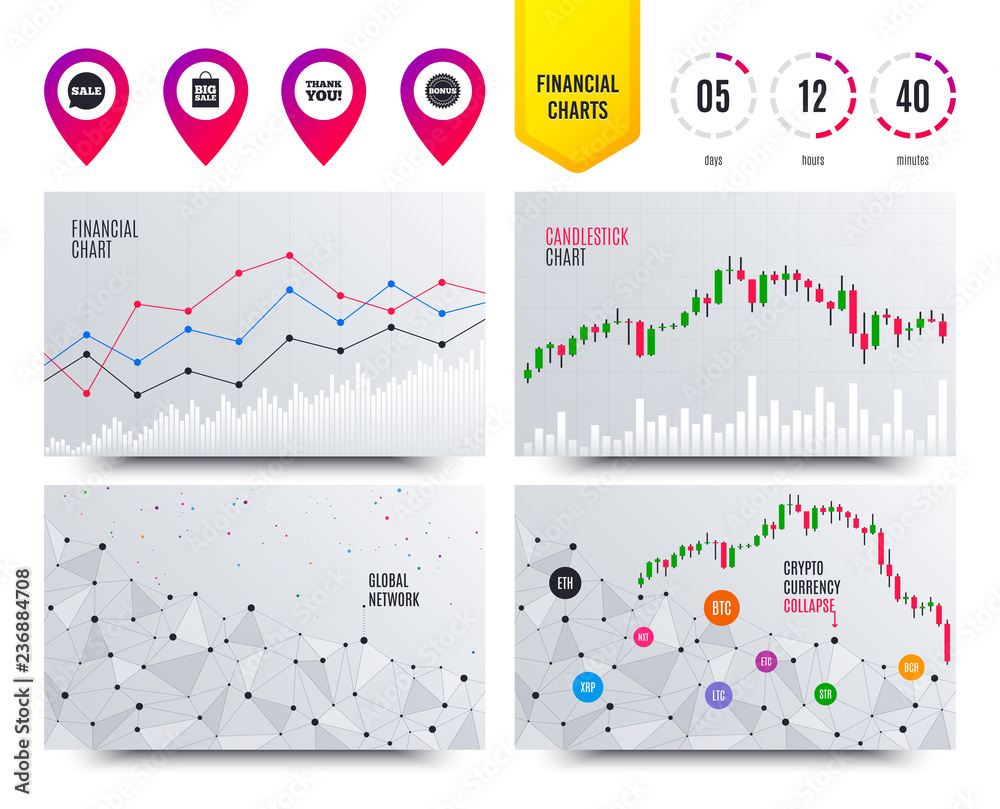 Wall mural financial planning charts. sale speech bubble icon. thank you symbol. bonus star circle sign. big sa