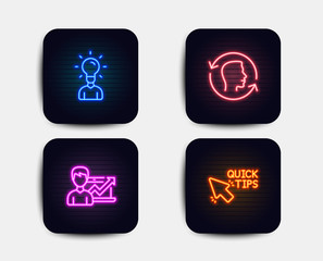 Neon set of Success business, Education and Face id icons. Quick tips sign. Growth chart, Human idea, Identification system. Helpful tricks. Neon icons. Glowing light banners. Vector