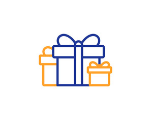 Gift boxes line icon. Present or Sale sign. Birthday Shopping symbol. Package in Gift Wrap. Colorful outline concept. Blue and orange thin line color icon. Holiday presents Vector