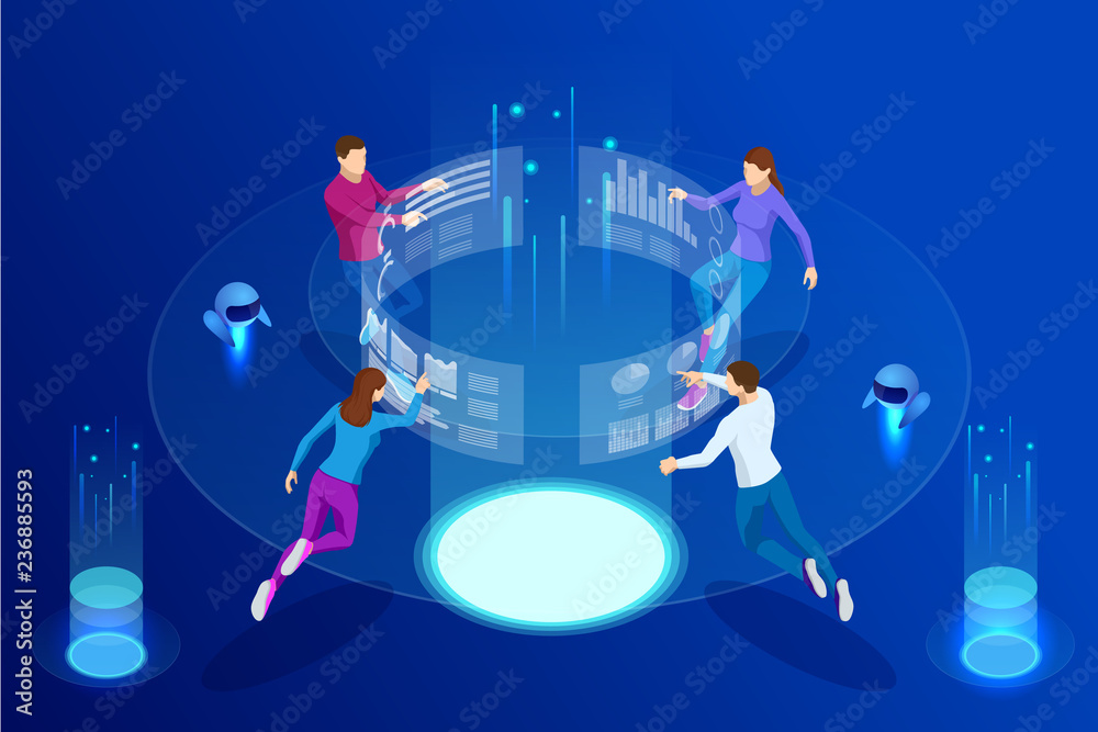 Poster Isometric Business Data Analytics process management or intelligence dashboard on virtual screen showing sales and operations data statistics charts and key performance indicators concept.