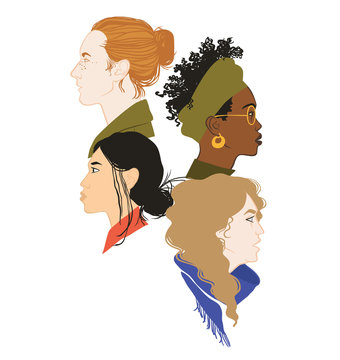Four girls profile portraits. Fight the power. Stronger together. Girls solidarity. Equal rights for everyone. Feminism 