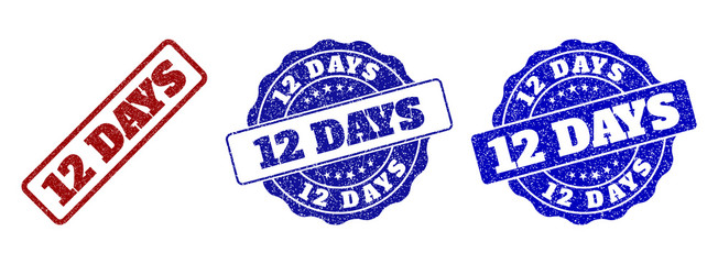 12 DAYS grunge stamp seals in red and blue colors. Vector 12 DAYS labels with scratced effect. Graphic elements are rounded rectangles, rosettes, circles and text labels.