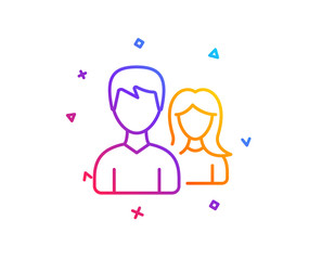 Couple line icon. Users Group or Teamwork sign. Male and Female Person silhouette symbol. Gradient line button. Couple icon design. Colorful geometric shapes. Vector
